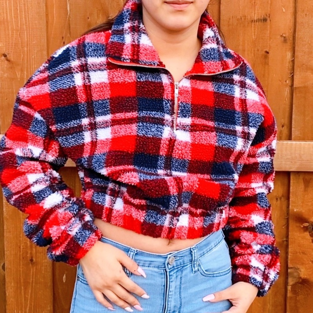 Zaful cropped plaid sherpa pullover